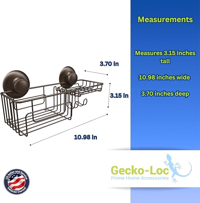 Gecko-Loc Large Combo suction cup wall mount bathroom shower caddy - shampoo storage basket shelf organizer caddie bath shelves - Bronze