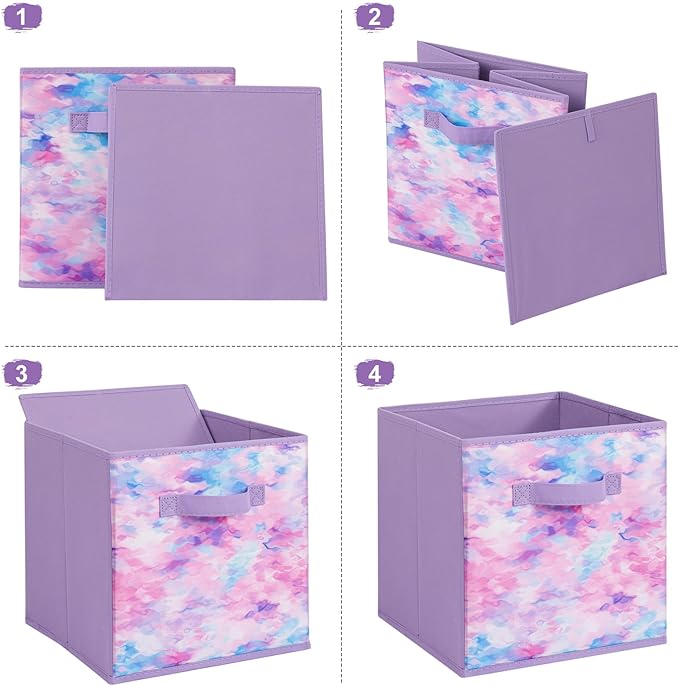 Stero Fabric Storage Cubes, 6 Pack Foldable Storage Bins Baskets with Handle, 11 Inch Box for Shelves, Closet, Organizer, Tie-dye Purple