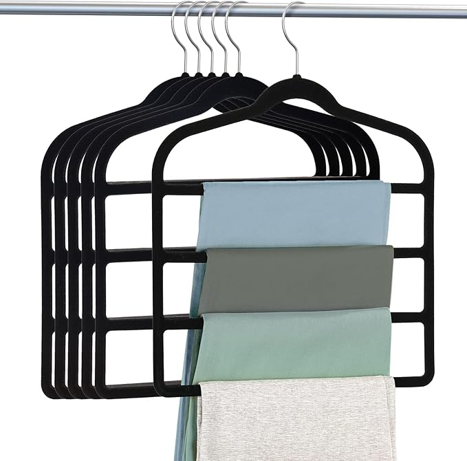 Velvet Hangers Space Saving Non Slip Pant Velvet Hangers, DUDUCOFU 6 Pack Black Multi Layer Clothes Hangers Closet Organizer for Pants Trousers Scarf