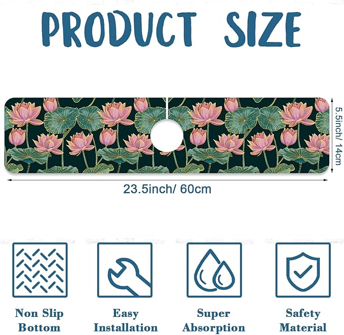 Lotus Pond Pattern Kitchen Sink Splash Guard Faucet Mat Lotus Flowers Leaves Super Absorbent Fast Drying Mat Sink Splash Guard Behind Faucet for Kitchen Bathroom, 23.5"x5.5"