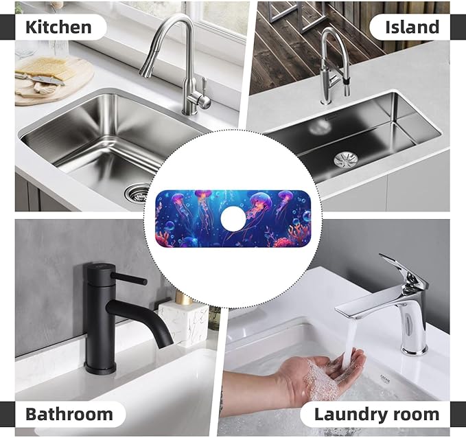 Faucet Draining Mat For Kitchen Sink, Ocean Jellyfish Corals Diatom Mud Absorbent Drain Pad For Bathroom Kitchen Sink Splash Guard Drying Mat