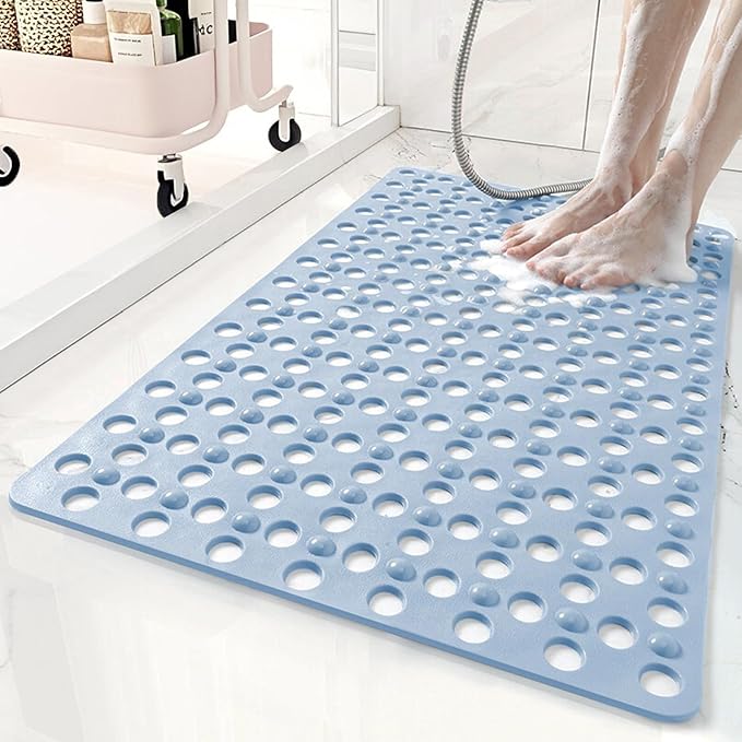 BREELEAM Non Slip Bathtub Mat and Shower Mat 31x17 inch,Bath Mat with Quick Dry Drain Holes and Suction Cups, Soft Comfortable Safe Bathroom Mat for Bath Tub, Floor, Tile (Light Blue)