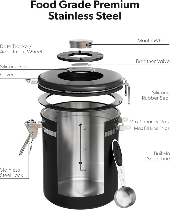 Veken Coffee Canister with Window, Airtight Stainless Steel Kitchen Food Storage Container with Lids, Date Tracker and Scoop for Grounds Coffee, Beans, Tea, Flour, Cereal, Sugar Jars, 16OZ, Black