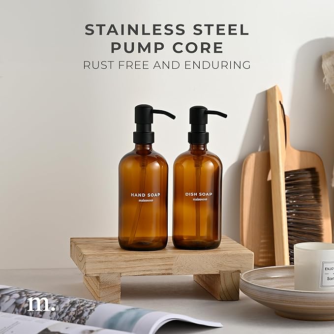 MaisoNovo Soap Dispenser 2-Piece Set | 16.9oz Amber Bottles with Black Plastic Pumps