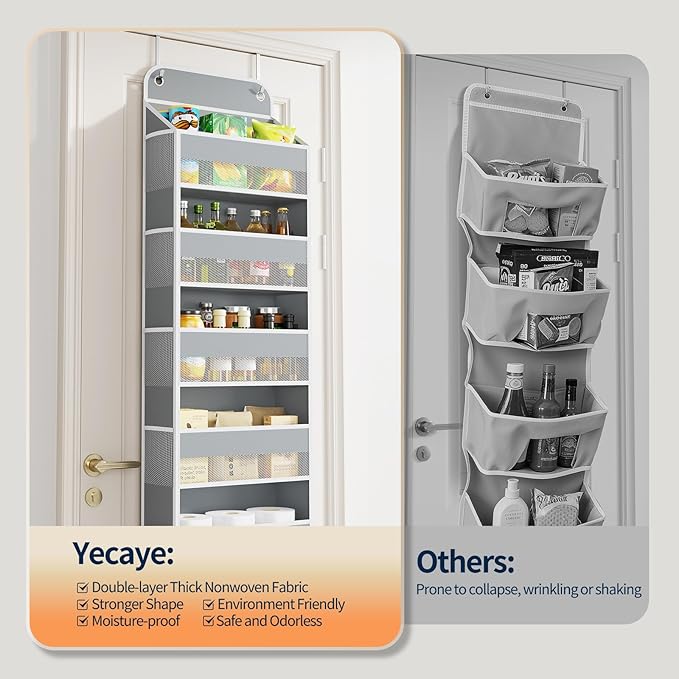 Yecaye 6 Tier Over The Door Organizer Storage, Heavy Duty Door Organizers Hanging with 12 Side Mesh Pockets, 52.8lbs Load Capacity Behind Door Storage for Bathroom Nursery Bedroom Dorm Closet, Grey