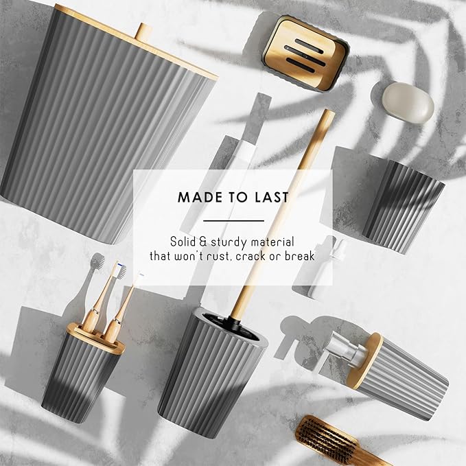 Clara Clark Bathroom Accessories Set - Bathroom Set, Bathroom Sets with Shower Curtain and Rugs, Shower Curtain Set with Bathroom Trash Can - Grey - 22PC