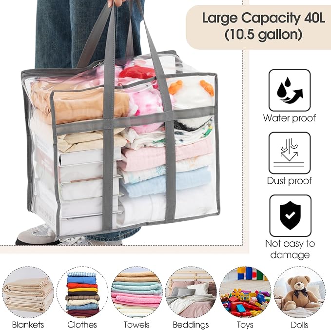 6 PCS Clear PVC Zippered Storage Bags 40L Plastic Closet Organizers and Storage Containers Foldable Moving Bags with Reinforced Handles for Bedding, Blankets, and Seasonal Clothes(Grey)