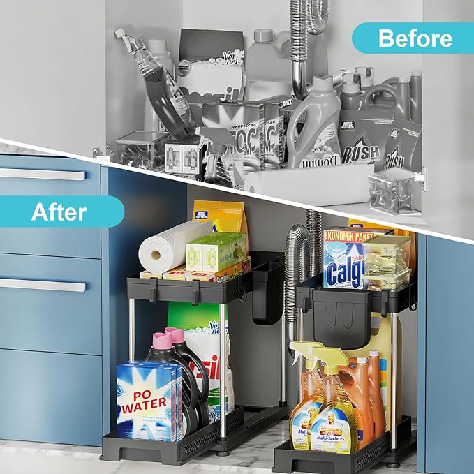Under Kitchen Sink Organizer, 2-tier Under Sink Organizers and Storage for Kitchen & Bathroom, Multi-Purpose Pull Out Under Cabinet Organizer with Hooks Hanging Cup (Black, 2 Pack)