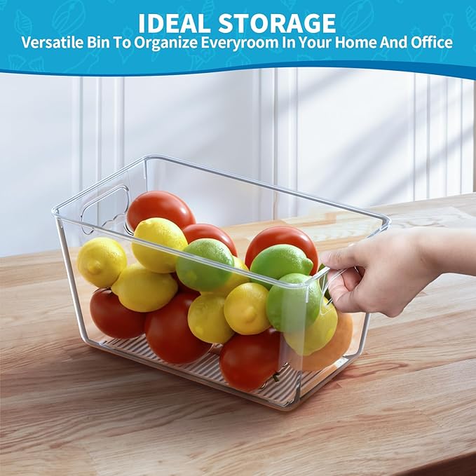 KJIXYUNG Clear Pantry Organizer Bins, Plastic Organizers & Storage Containers, Cabinet Organizer, Home Organization Must Haves for Kitchen, Laundry Room, Office, Closet & Freezer (4 Pack)
