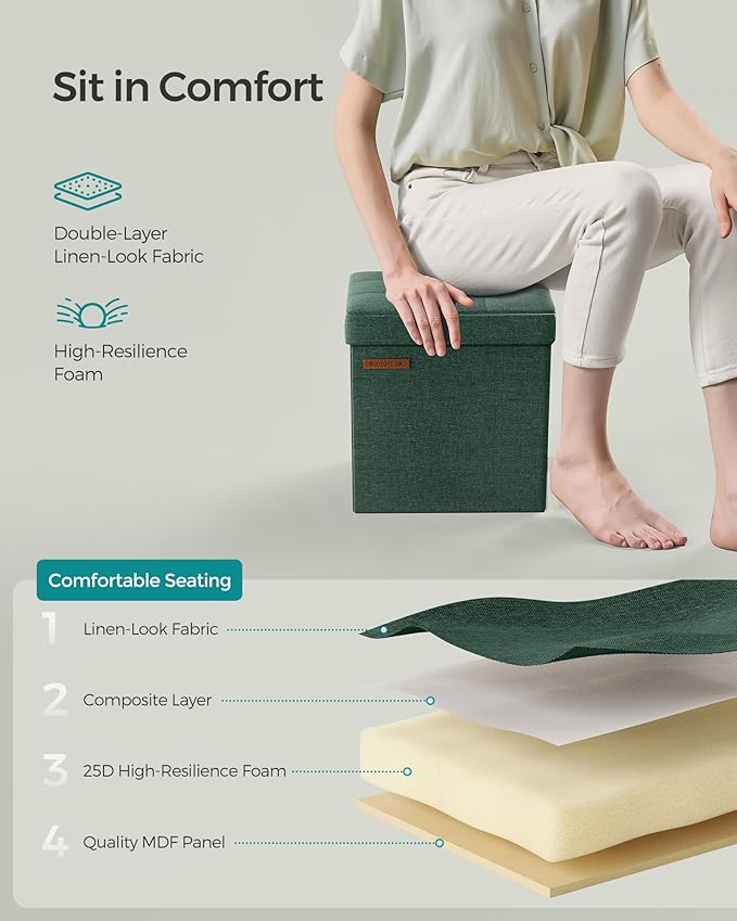 SONGMICS Foldable Small Ottoman Foot Rest, 11.8 Inches Foot Stool, Cube Ottoman with Storage, Load up to 286 lb, Retro Green ULSF028C01