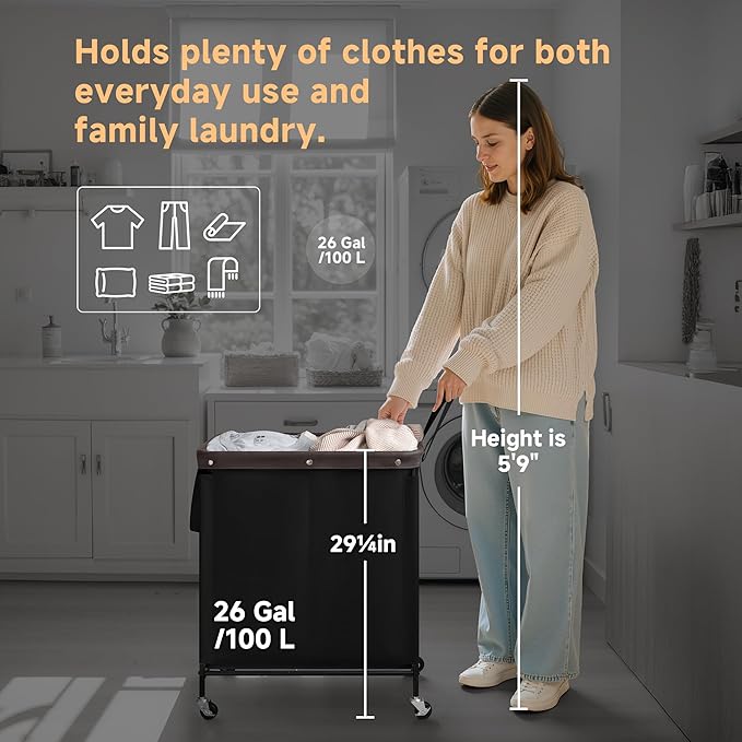 StorageWorks 2 Section Laundry Hamper, Rolling Laundry Cart with Wheels and Handles, Laundry Room Double Sorter for Organizer and Storage, 26.4 Gal(100L), Black