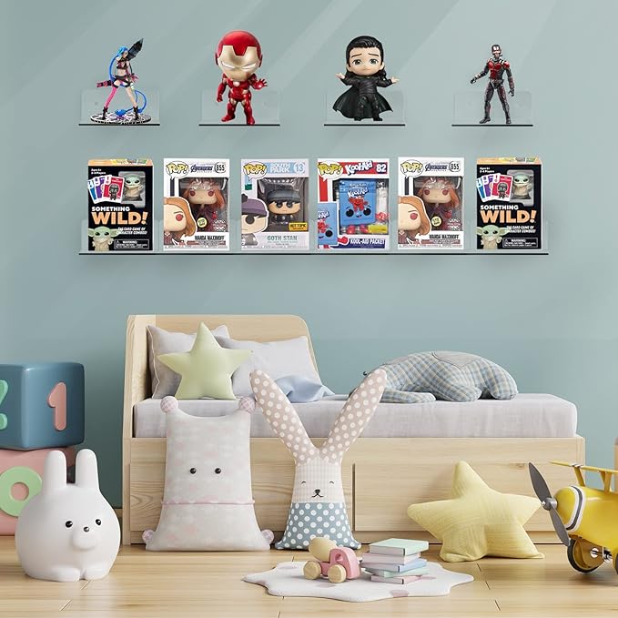 PuzFun 6 Pack Small Acrylic Floating Shelves for Wall, Wall Mounted Hanging Display Shelves for Plants, Funko Pop Figures, Adhesive Shelf for Bedroom, Picture Toy Clear Display Shelf