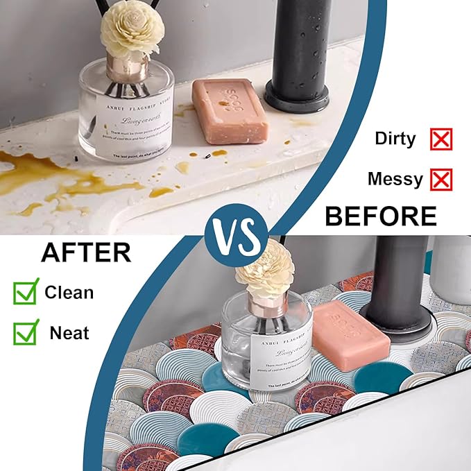 Wall Tiles Texture Sink Faucet Absorbing Mat Ceramic Decor Super Absorbent Fast Drying Mat Sink Gadgets Behind Faucet Sinkmat for Kitchen Bathroom, 23.5"x5.5"
