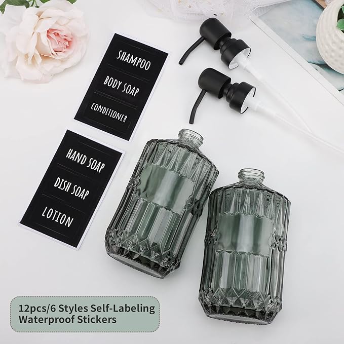 Segbeauty Glass Soap Dispenser Set, 2 Pack 15.2oz Farmhouse Kitchen Decor Stainless Steel Pump Bottles, 450ml Refillable Shower Bottle Hand Soap Dispenser for Modern Home Bathroom Western Decor Green