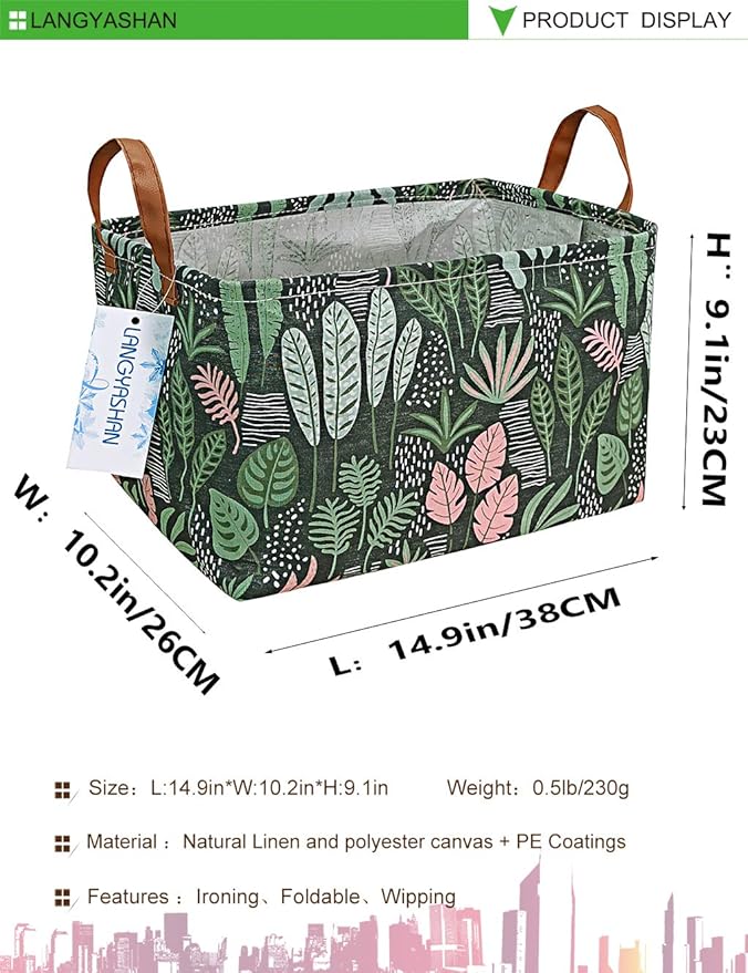 LANGYASHAN Rectangular Storage Bin Collapse Canvas Fabric Cartoon Storage Basket with Handles for Organizing Home Kitchen Boys and Girls Toys Office Closet Shelf Baskets(Rec Full Leaf)