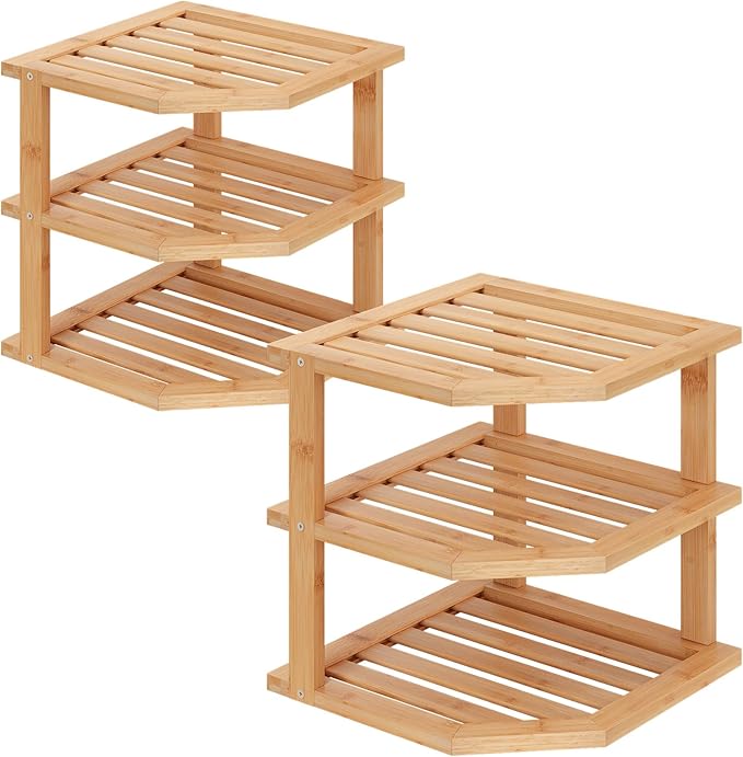 3 Tier Bamboo Corner Shelf(2 Pack),Dish Drying Rack,Plate Organizer,Kitchen Spice Rack for Countertop and Cabinet