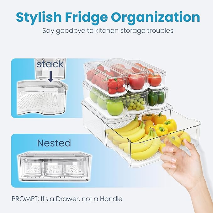 6 Pack Refrigerator Organizers, Clear Pull-out Drawer Container and Organizer Bins with Lids, Stackable Storage Containers for Fruits, Vegetable (Set of 6 (Include Pull Out Drawer))