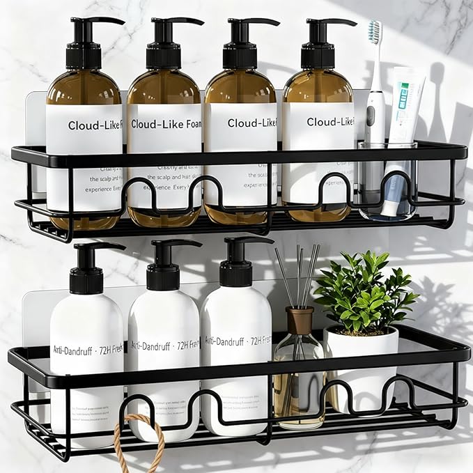 Adhesive Shower Caddy, Large Capacity Shower Racks for Inside Shower, No Drill Bathroom Shower Organizer and Storage, 2 Pack Black Bathroom Shelves, Home Decor Rv Accessories, Apartment