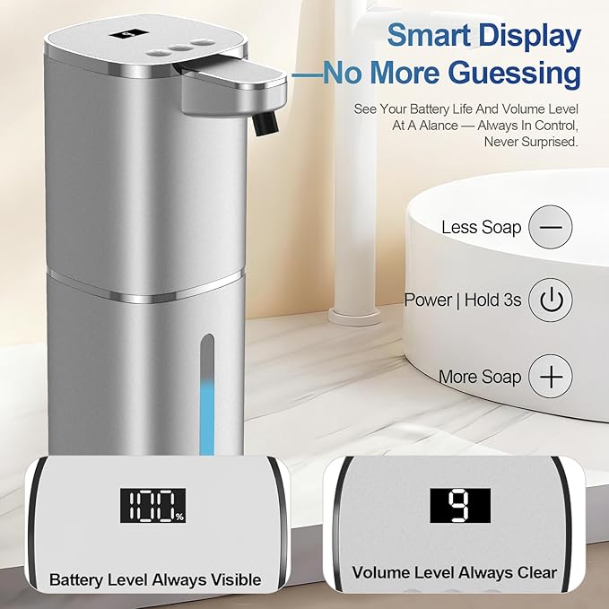 Automatic Liquid Soap Dispenser, 9 Adjustable Levels, 380ml/12.8oz, Touchless Hand Soap or Dish Soap Dispenser,IR Sensor & Display,Wall-Mount or Tabletop Use for Bathroom Kitchen (Silver)
