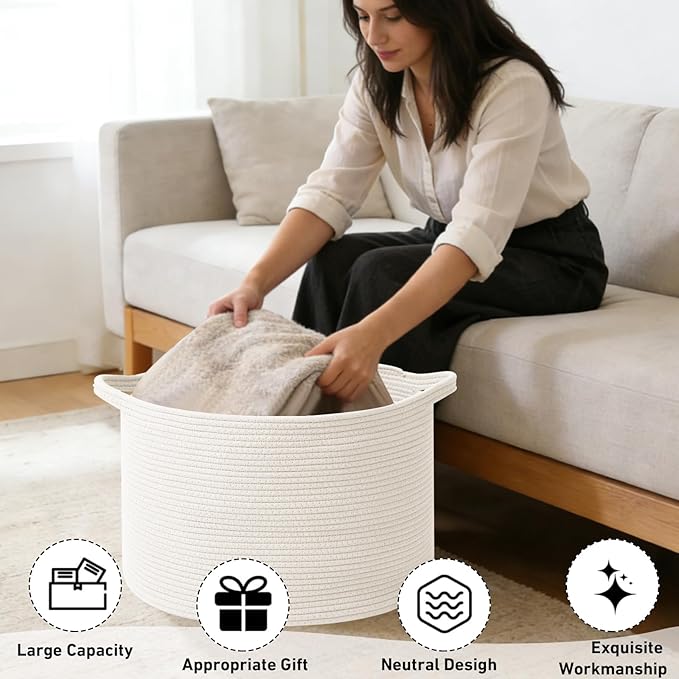 65L Large Blanket Basket,19.7" L x 19.7" W x 13" H Rope Woven Baskets with Handles, Toys Storage Bins,Laundry Basket Perfect for Living Room, Nursery,Bedroom,Home Organization,White