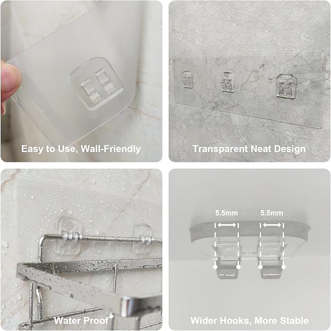 Heavy-Duty Wall Mount Shower Caddy, 66lb Capacity, Transparent, Metal, Square