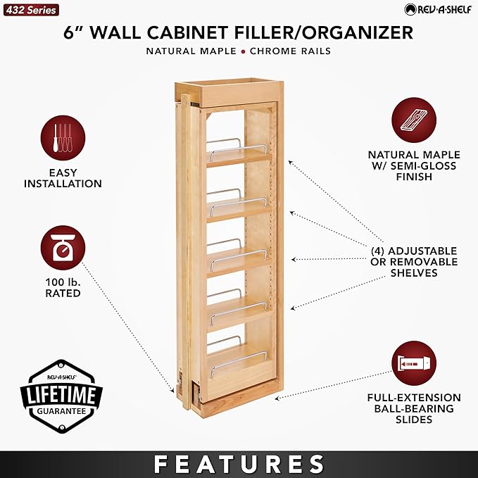 Rev-A-Shelf 6" W x 36" H Pull Out Quad Shelf Organizer for Wall & Base Kitchen Cabinets, Full Extension Filler Spice Rack, Adjustable, Wood, 432-WF36-6C