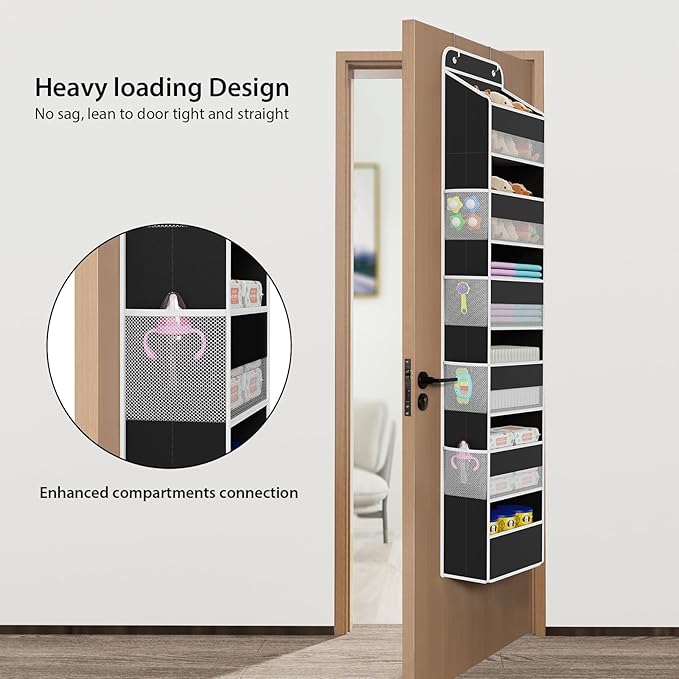 Univivi Door Hanging Organizer Nursery Closet Cabinet Baby Storage with 6 Large Compartments and 8 Side Pockets for Cosmetics, Toys and Sundries (Black)