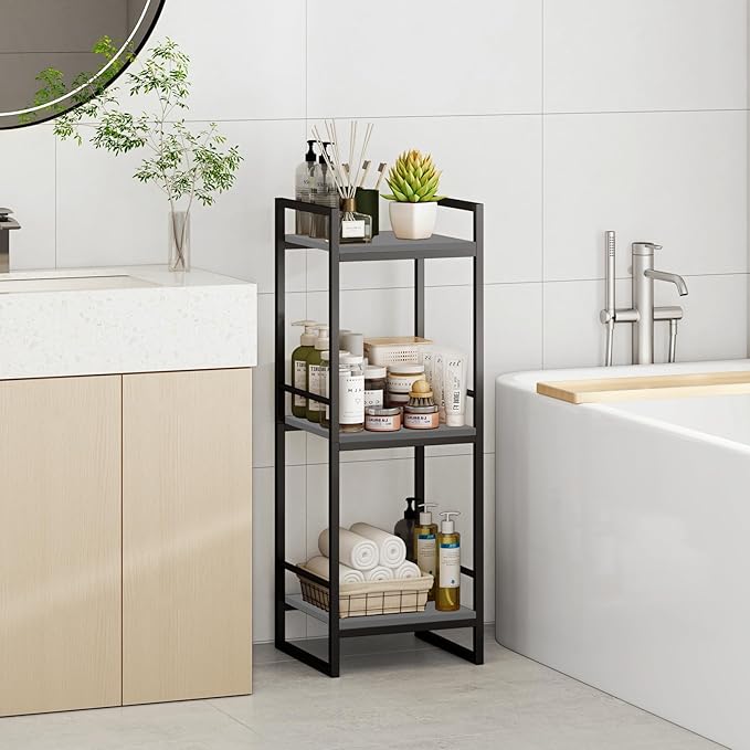 BYFU 3 Tier Bathroom Storage Open Shelf, Freestanding Metal Corner Storage Rack Shelving Unit for Bathroom Kitchen Living Room Hallway, Grey