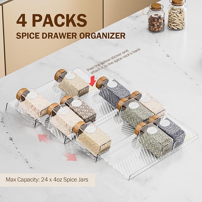 Spice Drawer Organizer, 4 Pack Clear Seasoning Organizer Rack, Expandable From 11" to 22" Wide Kitchen Spice Rack Organizers for Drawer, Countertop (Jars Not Included)