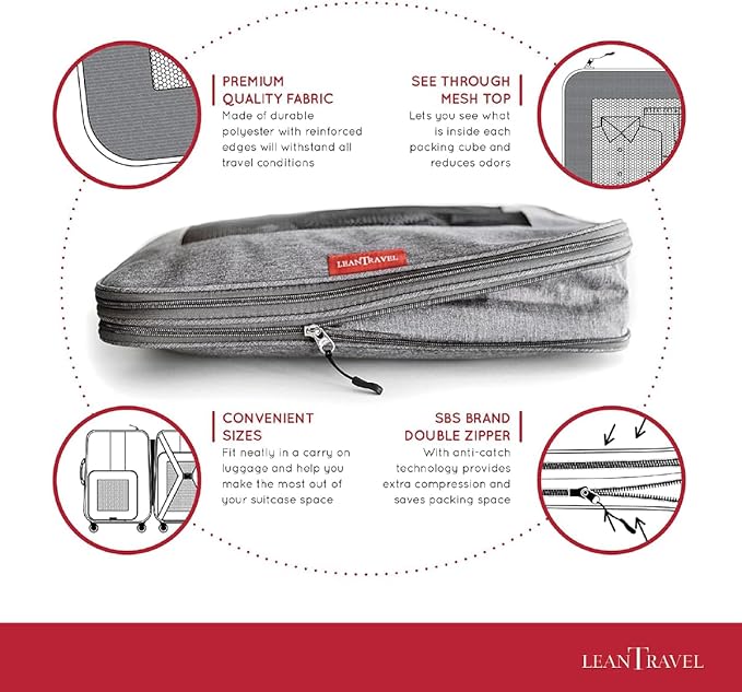 LeanTravel Compression Packing Cubes for Travel Organizers with Double Zipper (3-Pack (2L+1M), Sand)