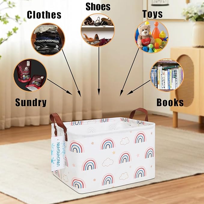 LANGYASHAN Rectangular Storage Bin Collapse Canvas Fabric Cartoon Storage Basket with Handles for Organizing Home Kitchen Boys and Girls Toys Office Closet Shelf Baskets(Rec Cloud Rainbow)