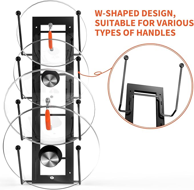 8 Layers of Adjustable Pot Lid Organizer Rack for Cabinet Door/Wall，2Pack Lid Organizer Pots and Pans Holder for Kitchen Storage with No Drilling Adhesive 5.7 W“(Black)