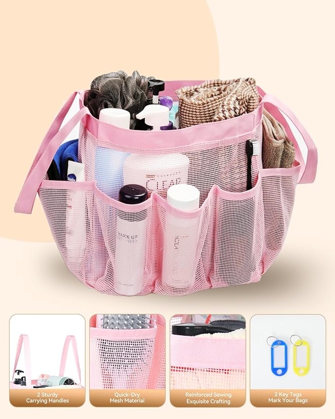 Temede Mesh Shower Caddy Tote, Large Shower Caddy Basket Portable, Quick Dry Hanging Toiletry Bag, 8 Storage Pocket Bath Organizer for College Dorm, Gym, Camp, Travel (Pink)