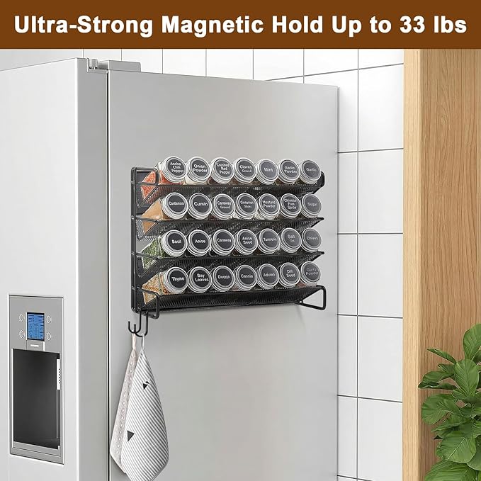 Magnetic Spice Rack Organizer for Refrigerator with 28 Spice Jars, 386 Spice Labels, 4 Hook, Chalk Marker and Funnel Set, Magnetic Shelf for Seasoning Organizer, 13.2'' W x 9.8 H, Black