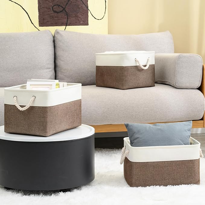 DUHEL Storage Baskets for Organizing,Fabric Storage Baskets for Shelves,Closet Organizers and Storage Basket with Handle,Storage Bins Used for Baby Laundry Basket、Nursery Storage.(White&Brown-3PCS)