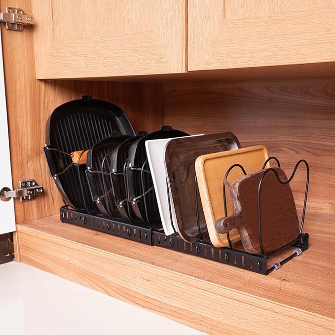 Pots and Pans Organizer,Rack for under Cabinet,Expandable Pot Lid Kitchen Cabinet Organizer Holder, with 10 Adjustable Partitions, Suitable for Kitchen Pan Organizers Inside Cabinet