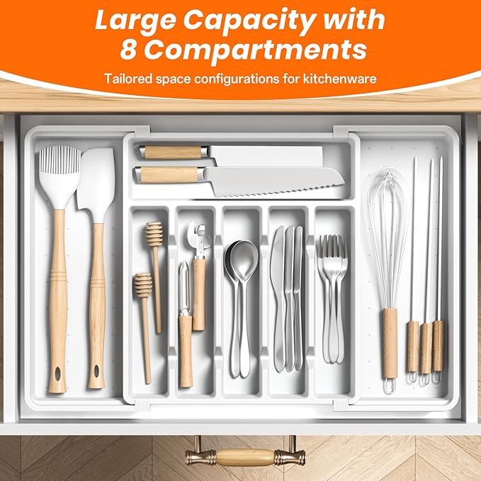 Large Silverware Organizer,Expandable Utensil Drawer Organizer,BPA Free Utensil Holder,Adjustable Silverware Tray Cutlery Drawer Organizer for Kitchen Flatware,Large,White,2 Pack