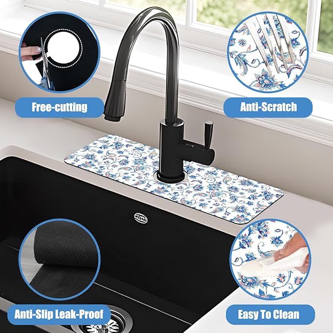 Sink Splash Guard Faucet Mat Paisley Flowers Tulips Leaves Absorbent Fast Drying Mat Sink Gadgets Splash Guard Behind Faucet Drip Catcher for Kitchen Bathroom 15.5"X5.5"