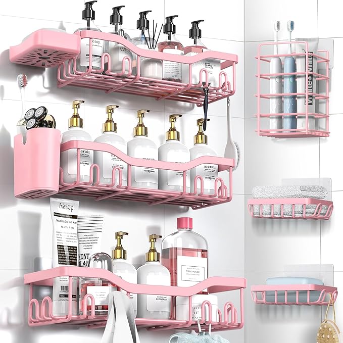 Shower Caddy Adhesive Shower Organizer 8-Pack, Rustproof Stainless Steel Bathroom Shelves, Large Capacity No-Drill Rack Storage Accessories with Soap Dish Toothbrush Holder Hooks