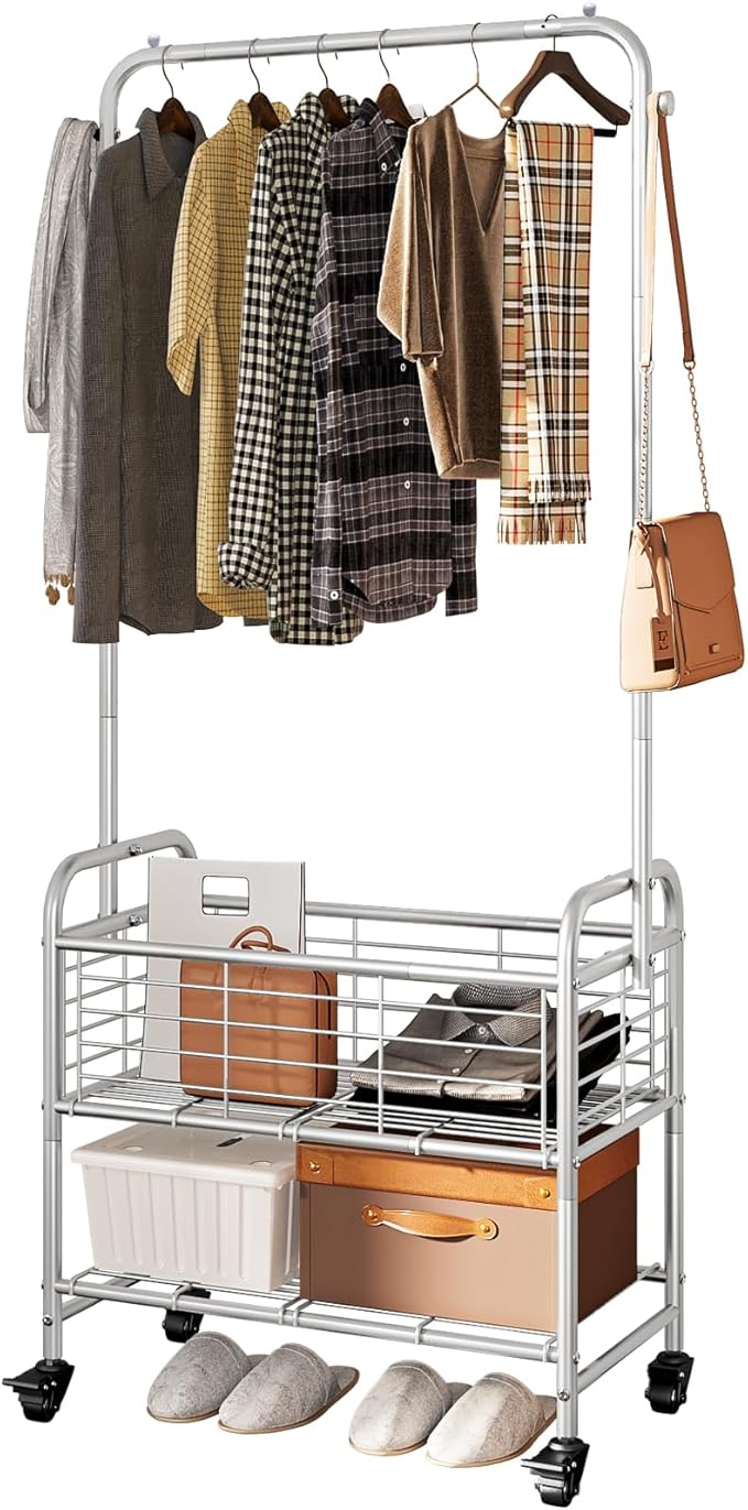 SUOERNUO Laundry Cart with Hanging Rack Rolling Laundry Hamper Sorter with Wheels Shelf,Grey