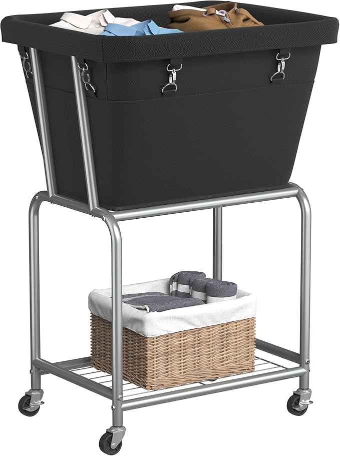 ELYKEN Laundry Cart with Wheels, Rolling Laundry Hamper with Removable Bag and Shelf, Metal Frame Laundry Basket with 4 Casters and 2 Brakes, Ideal for Bedroom, Bathroom, Laundry Room, Black