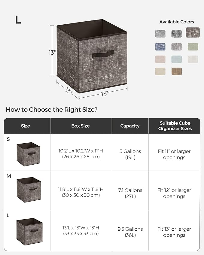 SONGMICS Storage Cubes, 13-Inch Non-Woven Fabric Bins with Double Handles, Set of 6, Closet Organizers for Shelves, Foldable, for Clothes, Walnut Color UROB033K02