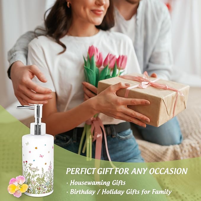 Wildflower Soap Dispenser Vintage Wild Floral Glass Soap Dispenser with Pump Refillable Liquid Soap Container for Bathroom Kitchen Countertop Decor