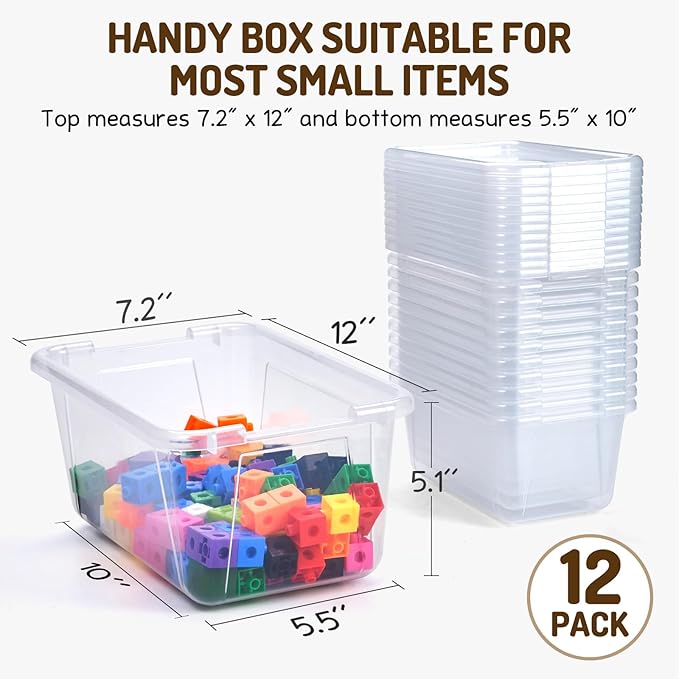GAMENOTE 6 Quart Storage Bins with Lids-12 Pack Transparent Plastic Latching Box for Classroom & Kids Toy Storage-Stackable Shoe Box Size Containers for STEM Morning Tubs, Crafts & Building Blocks