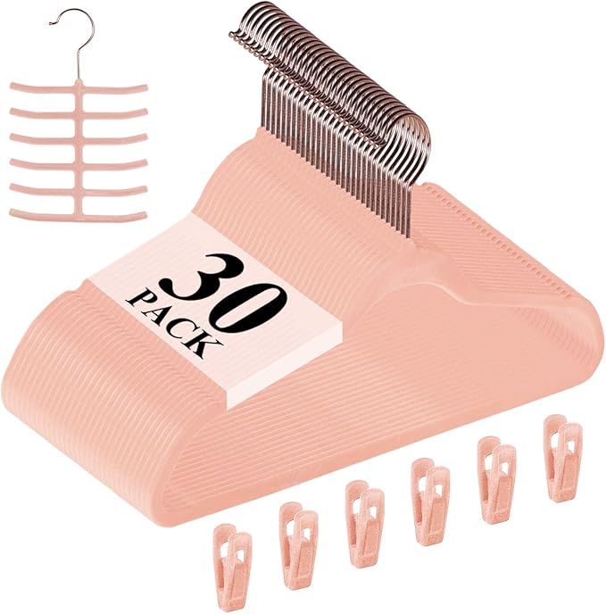 VECELO Premium Velvet Clothes Hangers Suit Heavy Duty (30 Pack)-Non Slip & Space-Saving with 6 Finger Clips & Tie Rack Excellent for Men and Women，Pink