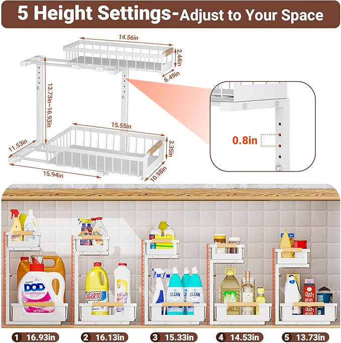Under Sink Organizer 2-Pack 2 Tier Pull out Cabinet Organizer Shelf Metal Undersink Rack for Kitchen Bathroom Pantry Cabinet Organization and Storage, White