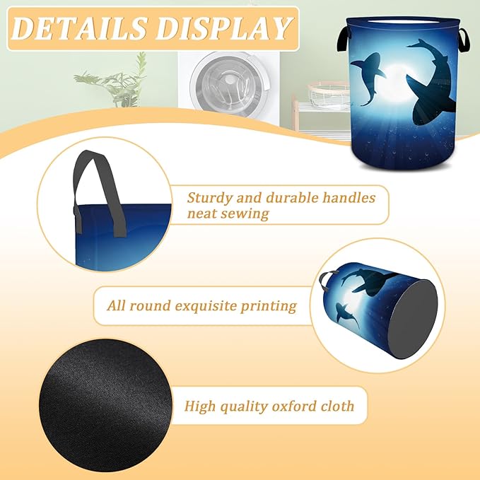 Floating Shark Laundry Basket, Sea Animals Laundry Hamper Foldable Waterproof Oxford Cloth Funny Tote Bag Dirty Clothes Storage Bucket Toy Organizer for Bathroom/Laundry/Bedroom 15.7"x19.6"