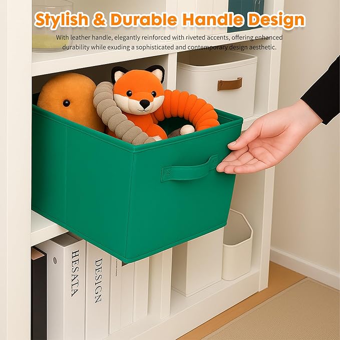 PowerKing Collapsible Storage Cubes with Handles, Fabric Foldable Bins for Closet Shelves, Durable Organization Storage Bins, 10.5'' x 11'' x 10.5'' (2Pack, Forest Green)