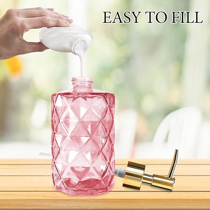 Glass Soap Dispenser with Gold Pump, Bathroom Soap Dispenser, 330ml Hand Foam Lotion Dispenser, Refillable Liquid Soap Bottle for Kitchen, Hand Sanitizer, Lotion (Pink)