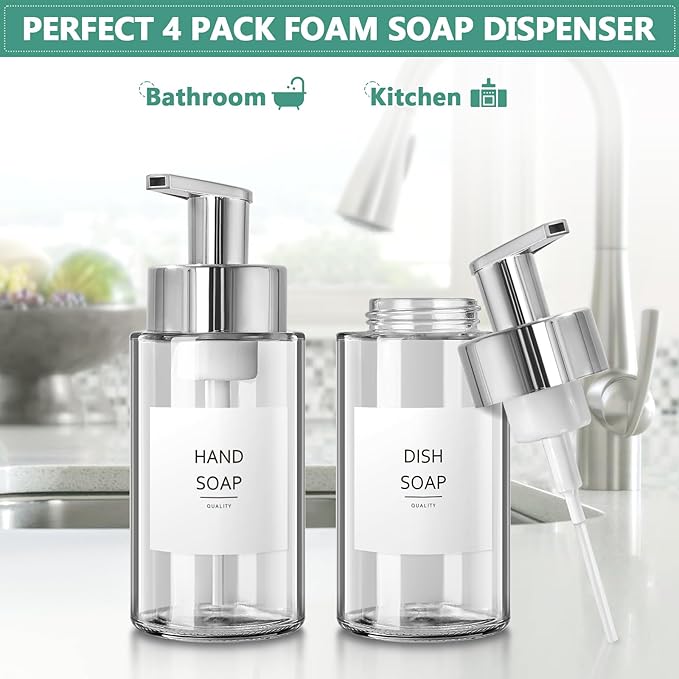 Glass Soap Dispenser, 10 oz/300ml Foaming Soap Dispenser, 4 Pack Foaming Hand Dispenser for Bathroom & Kitchen, Clear Refillable Foam Soap Bottle with Silver Pump
